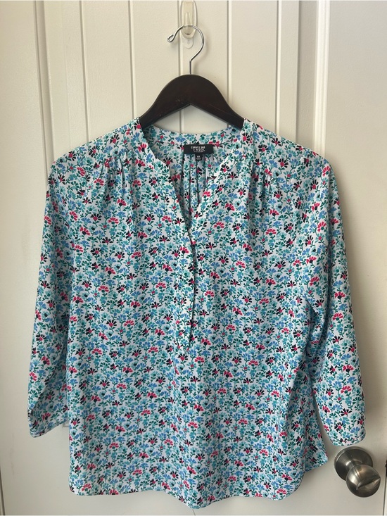 NYDJ Tops - NYDJ Aqua Floral Split-Neck Blouse